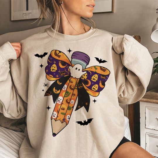 Teacher Halloween Pencil Sweatshirt, Halloween Coquette Bow, Spooky Teacher