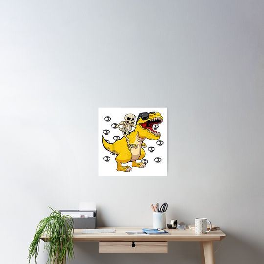 Skeleton Riding Dinosaur Lazy Halloween Costume Funny T Rex Poster