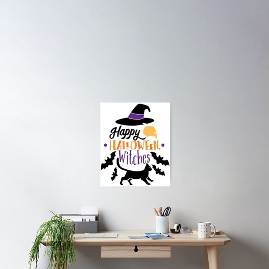 Happy Halloween Witches Funny Cat Witch Halloween Poster