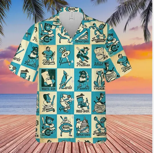 Vintage 1956 Baseball Team Mascots Hawaiian Shirt Button Up for Men