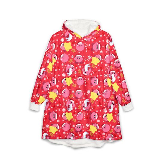 Kirby Christmas Blanket Hoodie | Kirby Unisex Blanket Hoodie For Her For Him Gift Cute Cozy Soft Xmas Hooded Pull Over