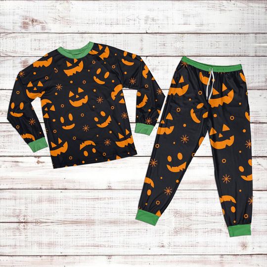 Halloween Pajamas Set Kids, Pumpkin Halloween Pajamas Set Kids, Jack O Lantern Print Sleepwear, Halloween Matching Family Nightwear Outfit