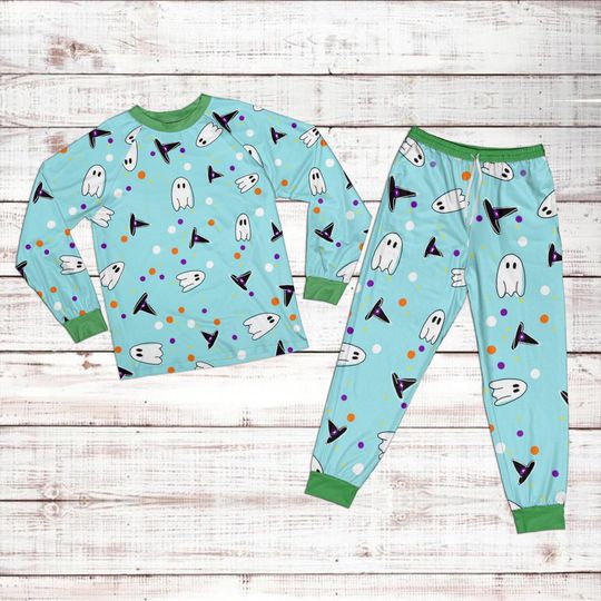 Halloween Pajamas Set Kids, Ghost Halloween Pajamas Set Kids, Blue Witch Hat Sleepwear, Spooky PJs for Boys Girls, Matching Family Halloween