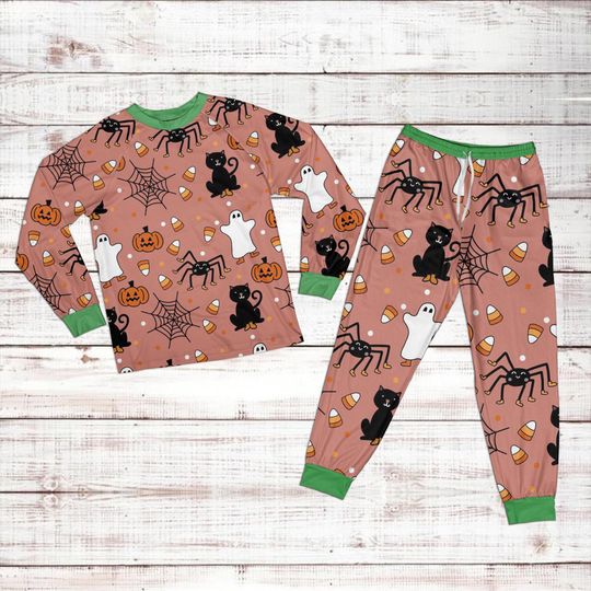 Halloween Pajamas Set Kids, Ghost Black Cat Spider Pumpkin Candy Print,Spooky Fall Sleepwear PJs for Boys Girls,Family Outfit,Halloween Gift