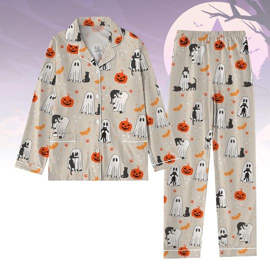 Halloween Cute Ghost Pajamas Set, Holiday Sleepwear, Pumpkin Pajamas Set, Midnight Pajamas, Spooky Season Gift, Halloween Gift For Her