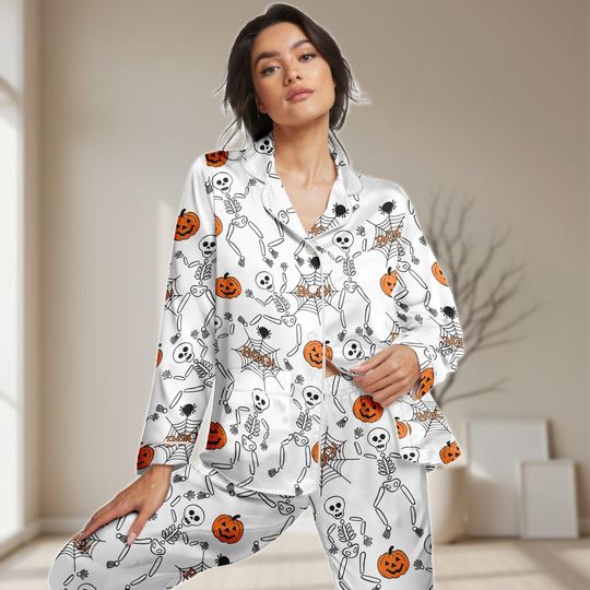 Halloween Skeleton Long Pajamas Set, Spider Web Boo Women PJs, Cute Pumpkin Matching Sleepwear, Spooky Holiday 2025 Pajamas