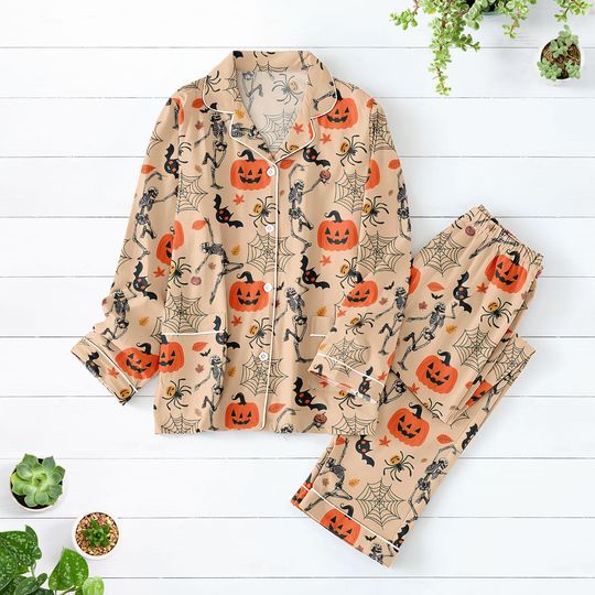 Dancing Skeleton Pajamas Set, Pumpkin Women Pajamas, Retro Horror Holiday Pajamas, Spooky Season Pajamas, Halloween Shirt, Gift For Her