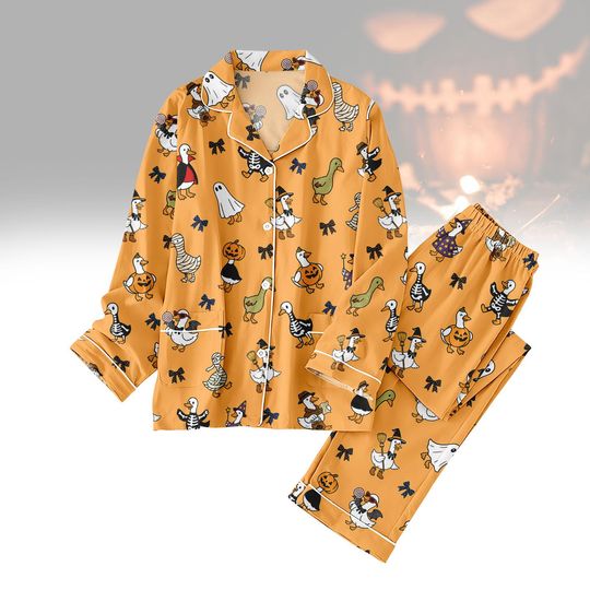 Halloween Goose Pajamas Set, Cute Goose Costume PJs, Fall Pumpkin Pajamas, Ghost Mummy Witch Pajama Set, Spooky Duck Sleepwear