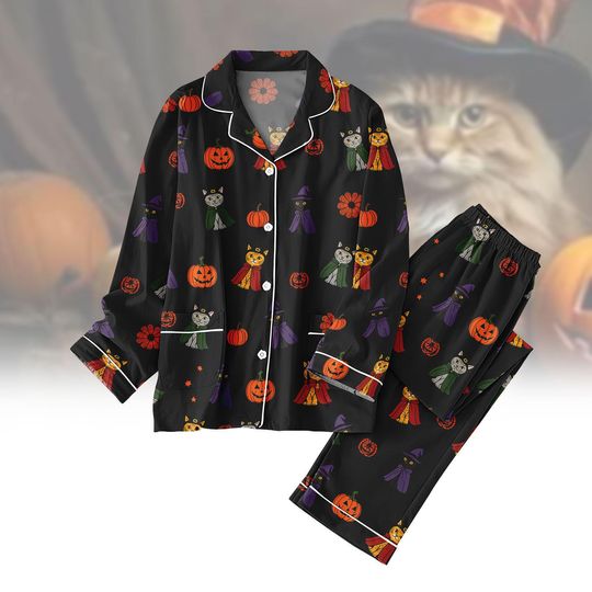 Halloween Cat Pajama Set, Witch Cat Pumpkin Women Pajamas, Black Holiday Pajamas, Cute Halloween Loungewear, Spooky Pajamas for Women