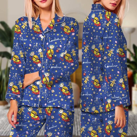 Coraline Pajamas Set Long, Halloween Coraline Pajamas, Vintage Halloween Coraline Shirt, Funny Cartoon Shirt
