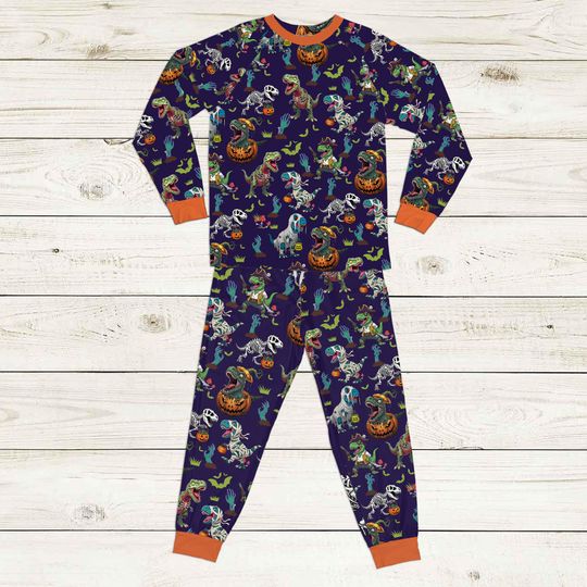Kids Halloween Dinosaur Pajamas Set with Mummy and Pumpkin Print  Cute Spooky Sleepwear Outfit for Boys and Girls Fall Nightwear Costume