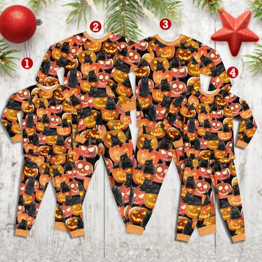Spooky Pumpkin Ghost Cat Print Halloween Pajamas Set  Cute Fall Sleepwear for Trick or Treat Party and Cozy Nightwear for Kids and Adults
