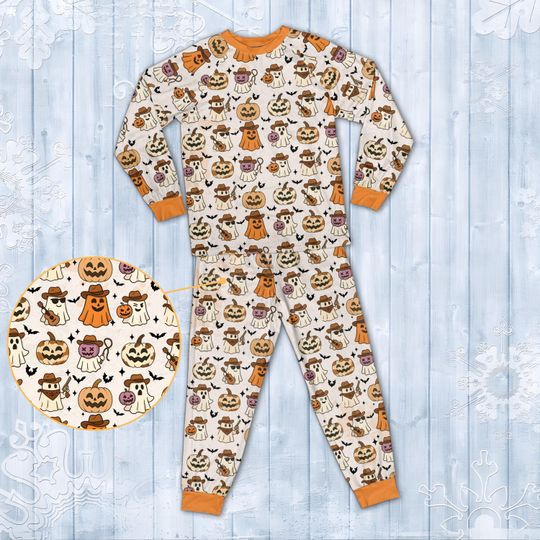 Matching Family Halloween Pajamas Set with Cartoon Ghost and Pumpkin Print, Fall Sleepwear for Kids, Adults, Spooky Trick or Treat Nightwear