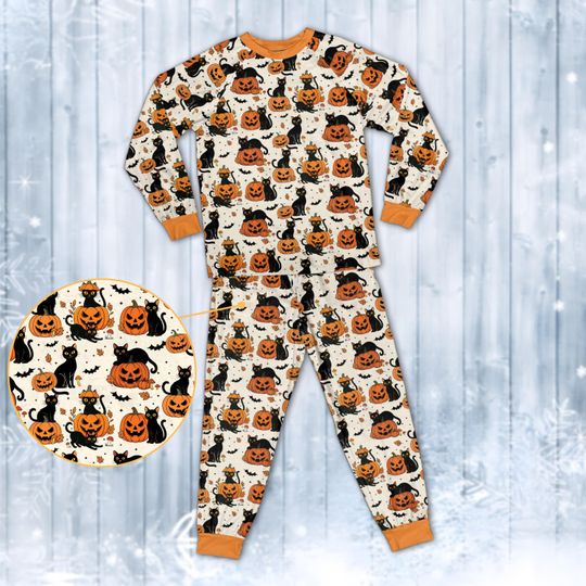Spooky Pumpkin Ghost Cat Print Halloween Pajamas Set  Cute Fall Sleepwear for Trick or Treat Party and Cozy Nightwear for Kids and Adults