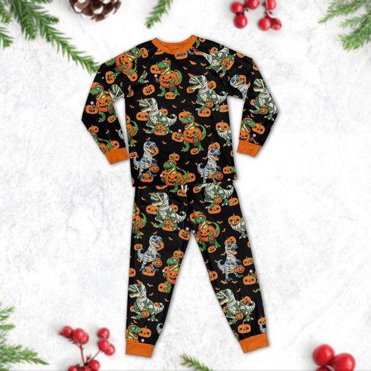 Kids Halloween Dinosaur Pajamas Set with Mummy and Pumpkin Print  Cute Spooky Sleepwear Outfit for Boys and Girls Fall Nightwear Costume