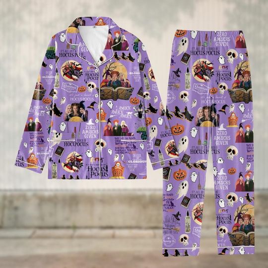 Hocus Pocus Halloween Pajamas Set, Long Sleeve PJs, Sanderson Sisters Sleepwear, Cozy Spooky Nightwear for Women, Halloween Gift