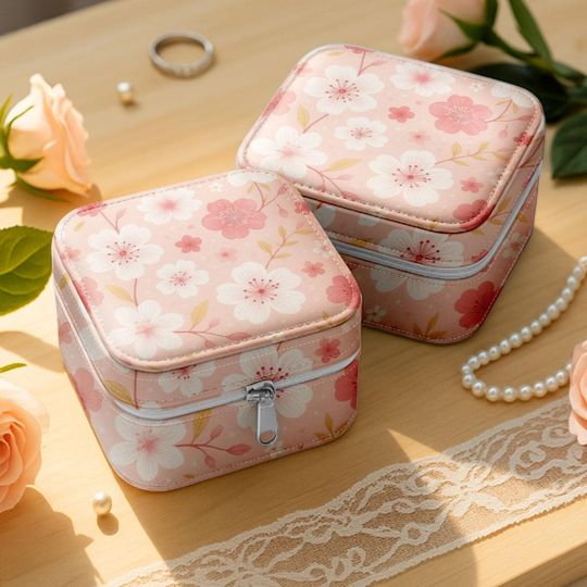 Pink Cherry Blossom Jewelry Box, Pink Sakura Ring Case, Kawaii Floral Organizer, Japan Aesthetic Gift for Her, Soft Girl Travel Box