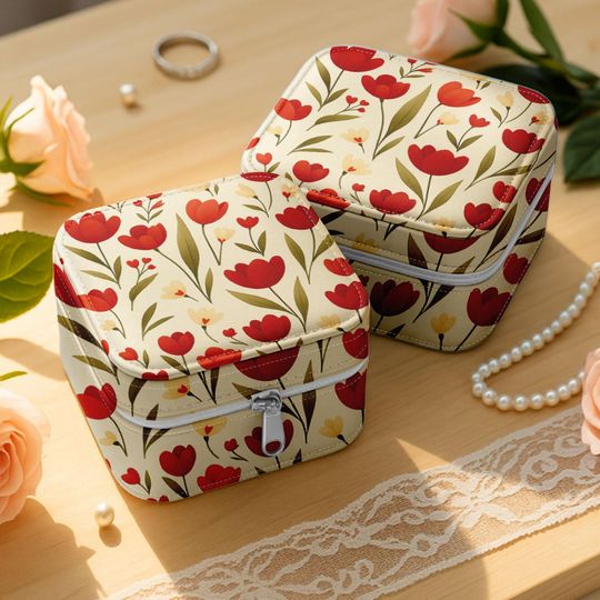 Red Tulip Jewelry Box, Floral Travel Jewelry Case for Women, Small Gift Box for Her, Flower Print Bridesmaid Gift Organizer