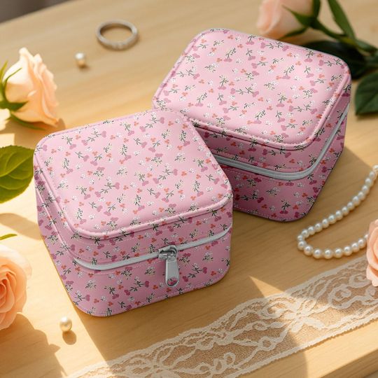 Baby Pink Floral Jewelry Box, Small Flower Ring Case for Travel, Dainty Organizer Gift for Her, Bridesmaid Mini Jewelry Holder