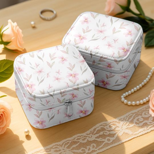 Pink Floral Jewelry Box, Soft Travel Jewelry Case for Rings & Earrings, Small Flower Print Organizer Gift, Dainty Pouch for Her