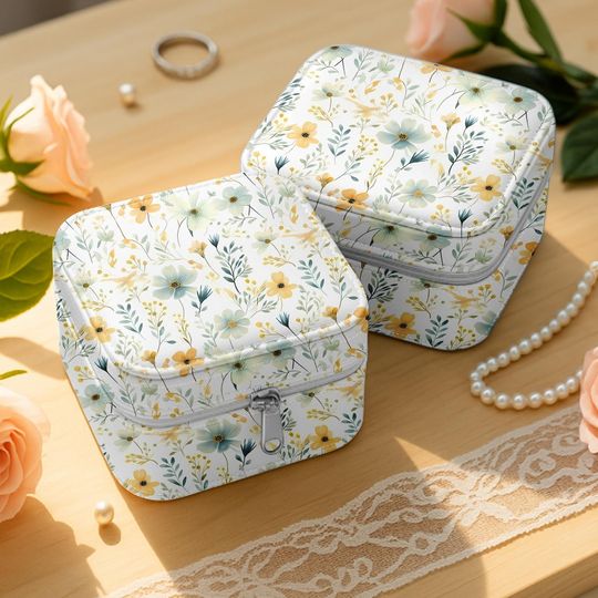Yellow Floral Jewelry Box, Travel Jewelry Case for Rings & Earrings, Small Gift for Her, Cottagecore Flower Print Organizer Box
