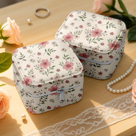 Pink Floral Jewelry Box, Small Travel Case for Earrings & Rings, Vintage Mini Jewelry Organizer, Bridesmaid Gift for Her, Cottagecore C