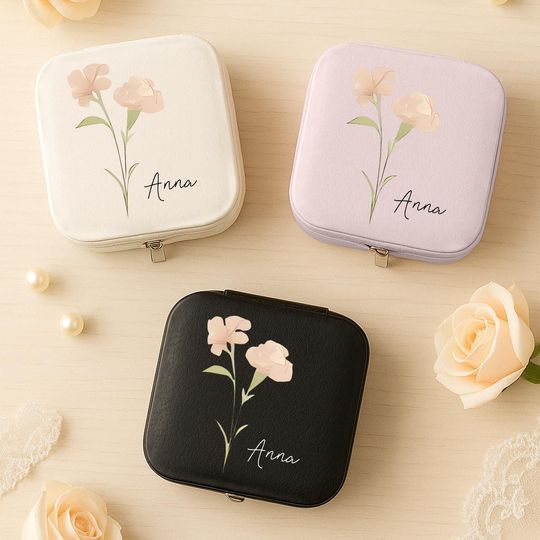 Personalized Flower Jewelry Box, Custom Name Ring Case for Women, Bridesmaid Gift, Travel Jewelry Organizer, Floral Box For Women