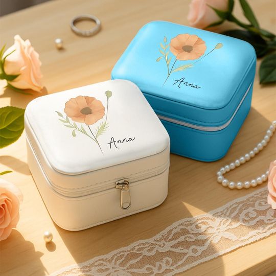 Custom Floral Ring Box with Name, Bridesmaid Keepsake Box, Small Travel Box, Gift for Women, Personalized Name Ring Case