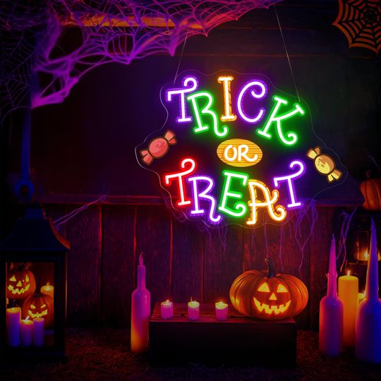 Trick or Treat Neon Sign, Halloween Candy LED Neon Light, Halloween Party Bat Decor, Halloween Wall Art, Custom Halloween Led Neon Sign