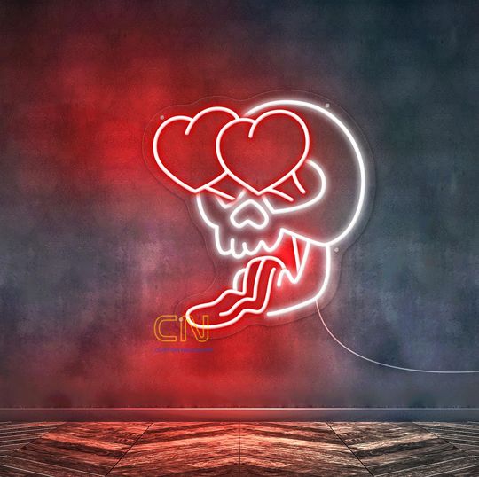 Skull Head Neon Sign, Skull With Heart Eyes, Funny Skull Halloween