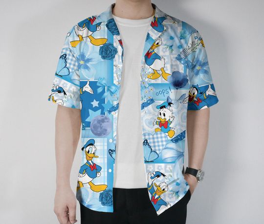 Cute Donald Duck Hawaiian Shirt and Shorts Set  Blue Cartoon Summer Gift Outfit with Bows