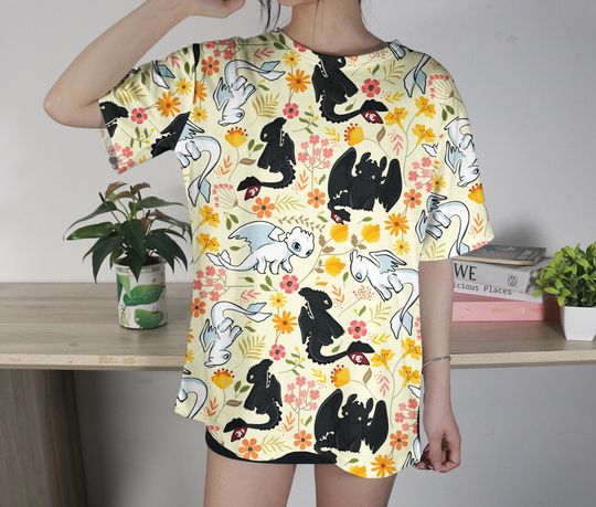 Toothless and Light Fury Floral T-Shirt, Cute Dragon Couple Tee