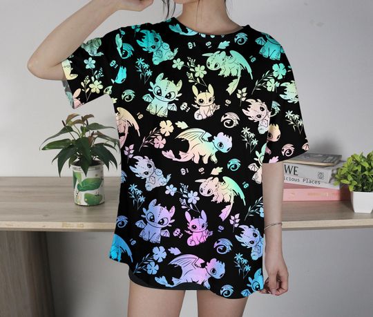 Colorful Toothless Dragon T-Shirt, Cute Cartoon Dragon Tee