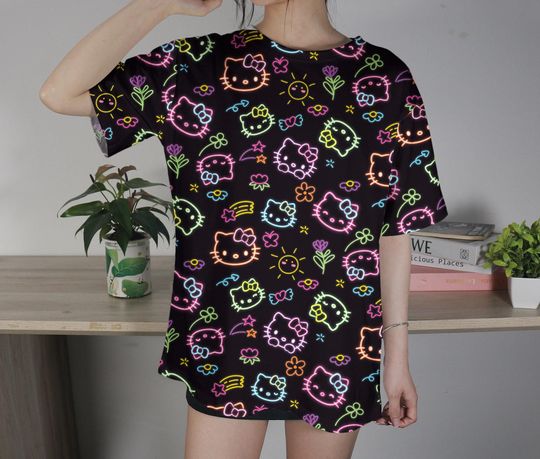 Hello Kitty T-Shirt Kitty Neon T-Shirt Funny Family Shirt Kitty Cat Summer Unisex Tshirt