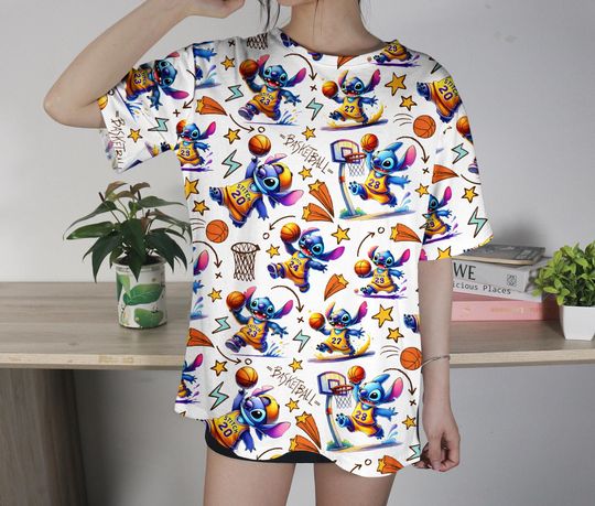 Stitch Basketball T-Shirt, Cute Cartoon Graphic Tee, Funny Stitch Shirt for Summer