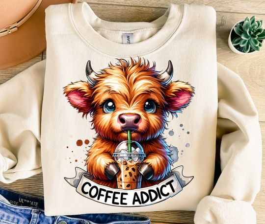 Cute Highland Cow, Coffee Addict Clipart, Western Cow