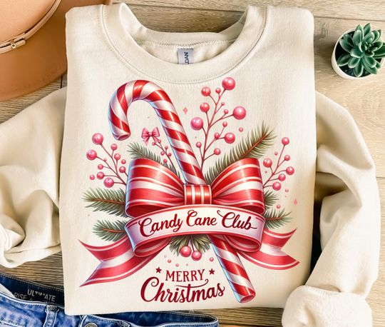 Candy Cane Club Sweatshirt, Merry Christmas Sweatshirt, Happy Holidays, Coquette Bow