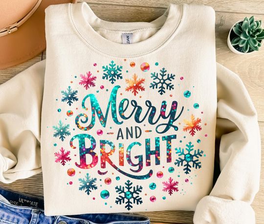 Merry and Bright Christmas Sweatshirt, Glitter Snowflake Sweatshirt