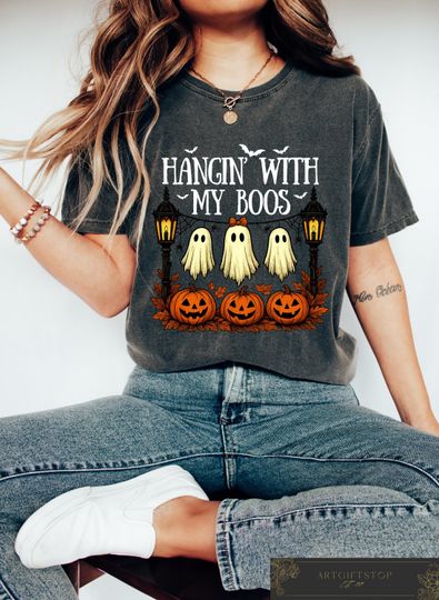 Funny Hanging Ghosts Halloween Shirt, Hangin With My Boos Shirt, Cute Pumpkin Bat T Shirt