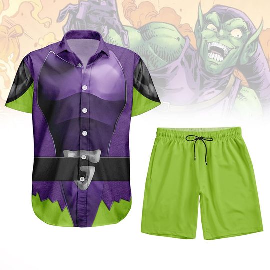 Green Goblin Hawaiian Shirt, The Amazing Spider Man Button Shirt, Goblin Cosplay Costume Shirt, Halloween Spider Man Costume Shorts