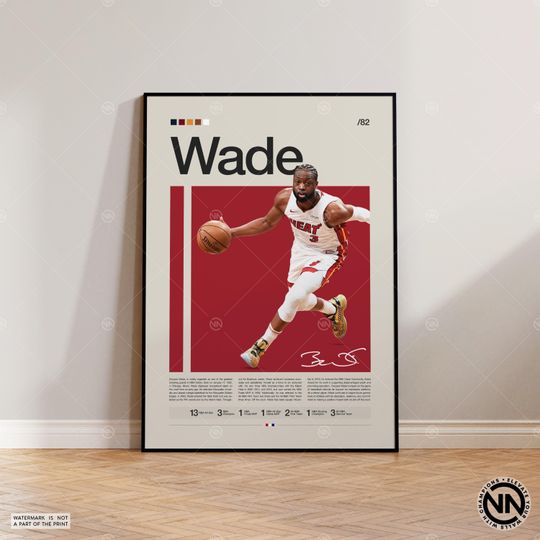Dwayne Wade Poster, Miami Heat Poster, NBA Poster, Sports Poster, Mid Century Modern, NBA Fans, Basketball Gift, Sports Bedroom Posters