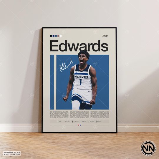 Anthony Edwards Poster, Timberwolves Print, NBA Poster, Sports Poster, Mid Century Modern, NBA Fans, Basketball Gift, Sports Bedroom Posters