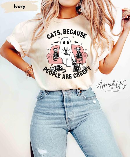 Cats Because People Are Creepy Shirt, Cat Mom Gift Shirt, Cute Ghost Halloween Gift