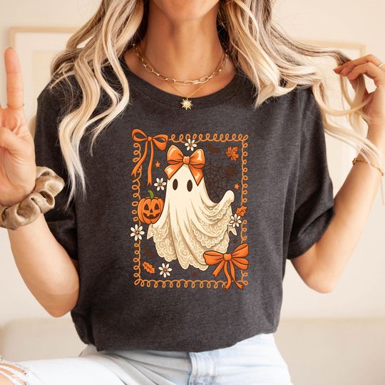 Preppy Coquette Ghost Shirt, Halloween Shirt, Girly Halloween Shirt, Ghost Pumpkin Shirt