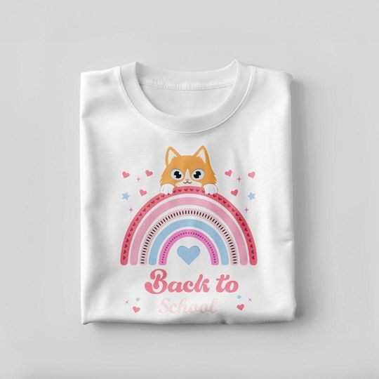 Cute Back to School Cat Shirt, Rainbow Kitty T-Shirt for Kids