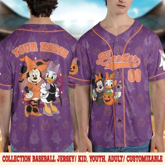 Personalized Minnie & amp, Daisy Duck Witches Happy Halloween Baseball Jersey Shirt