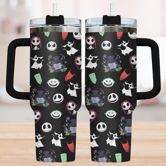 Nightmare Before Christmas 40 oz Tumbler with Handle – Jack Skellington, Sally, Zero, Halloween Coffee Travel Mug