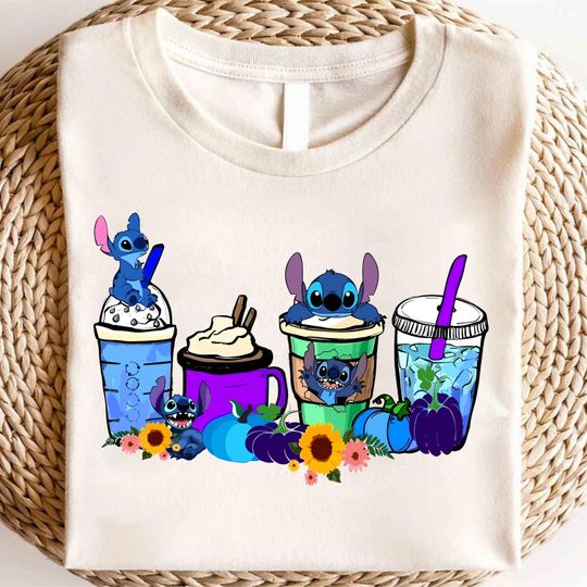 Stitch Coffee Lover T-Shirt, Cute Fall Drink Shirt, Alien Pumpkin Tee, Halloween Iced Latte Shirt, Floral Autumn Cartoon