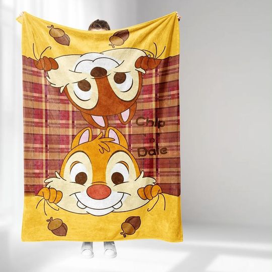 Chip and Dale Cartoon Throw Blanket, Acorn Plaid Bedding, Cozy Fall Blanket for Kids & Adults