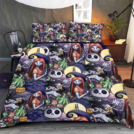 Halloween Jack and Sally Bedding Set, Nightmare Before Christmas Duvet Cover, Jack Skellington Bedding